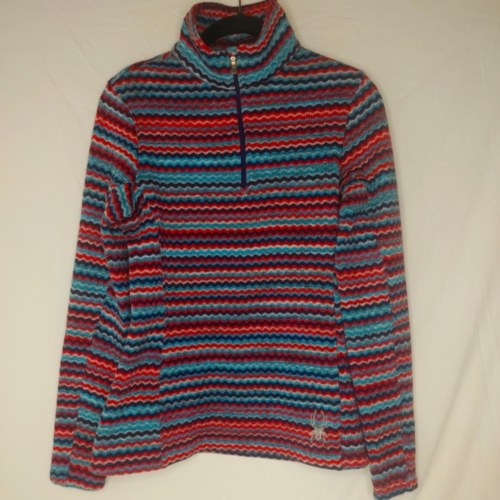 Spyder Pullover DH Sweater Womens 8 Blue Multi Zig Zag Stripe Quarter Zip Fleece - Picture 2 of 10